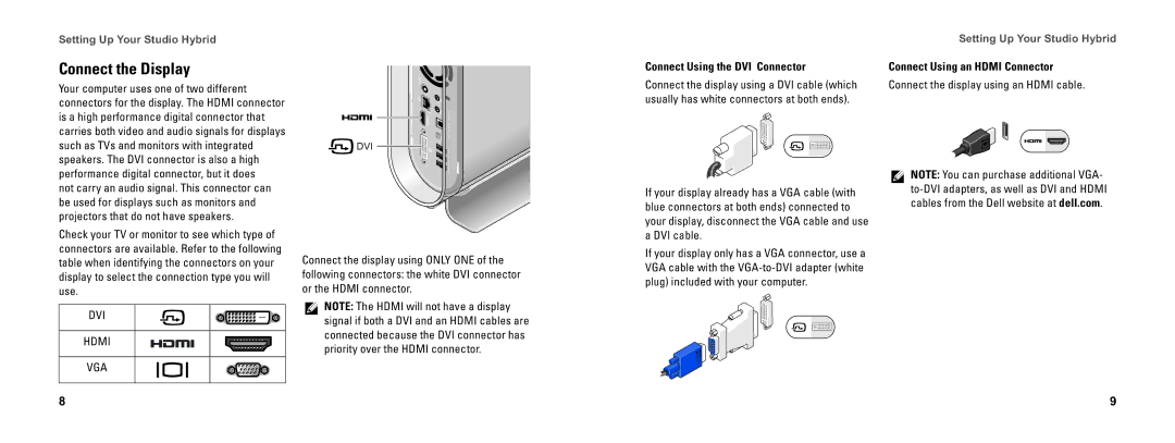 Dell DCSEA setup guide Connect the Display, Connect Using the DVI Connector, Connect Using an Hdmi Connector 