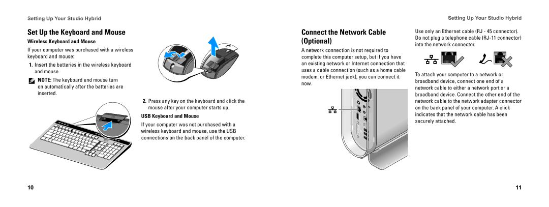 Dell DCSEA setup guide Set Up the Keyboard and Mouse, Connect the Network Cable Optional, Wireless Keyboard and Mouse 