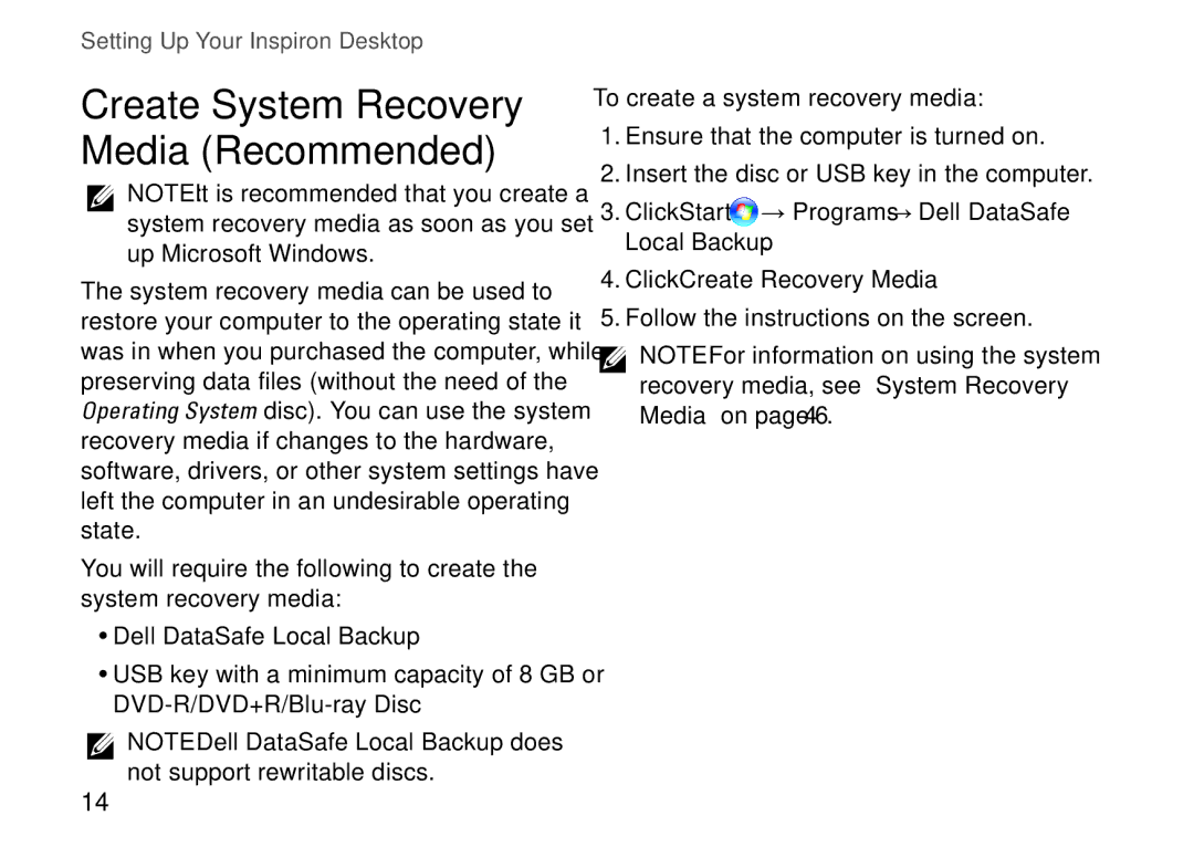 Dell DCSLE, 0C9NR5A00, 560s setup guide Create System Recovery Media Recommended 