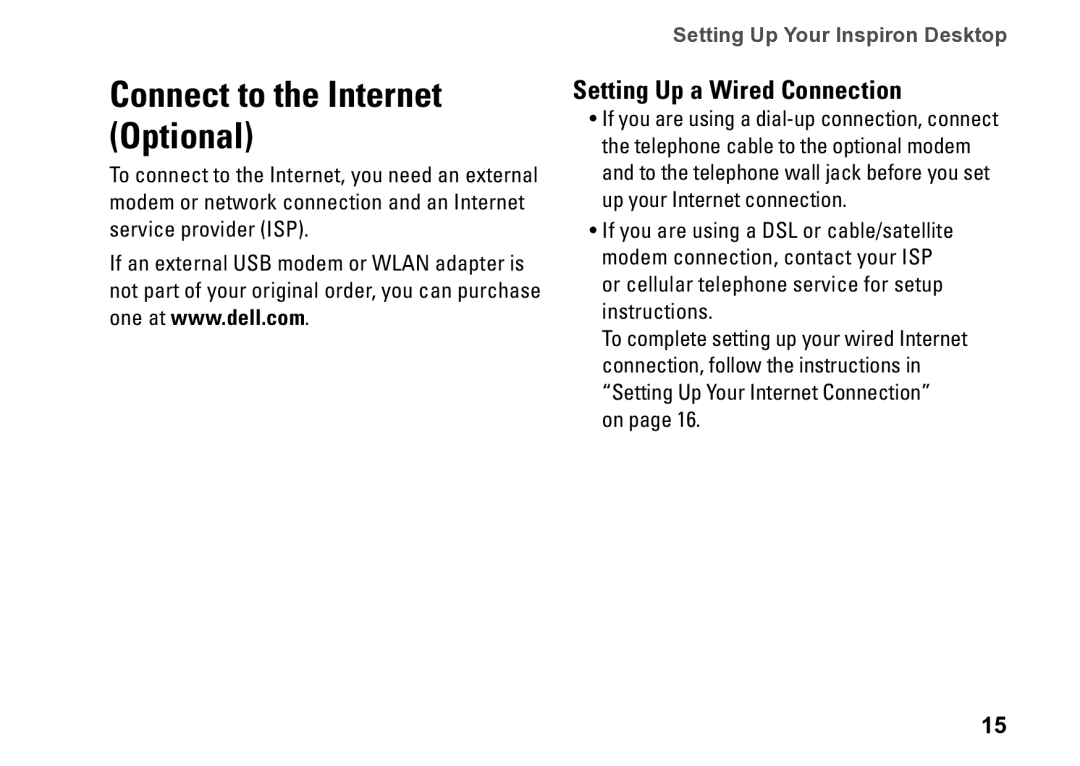 Dell 0C9NR5A00, DCSLE, 560s setup guide Connect to the Internet Optional, Setting Up a Wired Connection 