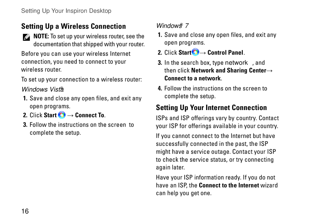 Dell 560s, DCSLE, 0C9NR5A00 Setting Up a Wireless Connection, Setting Up Your Internet Connection, Click Start → Connect To 