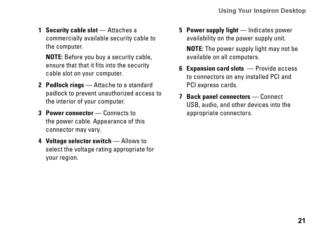 Dell DCSLE, 0C9NR5A00, 560s setup guide Using Your Inspiron Desktop 