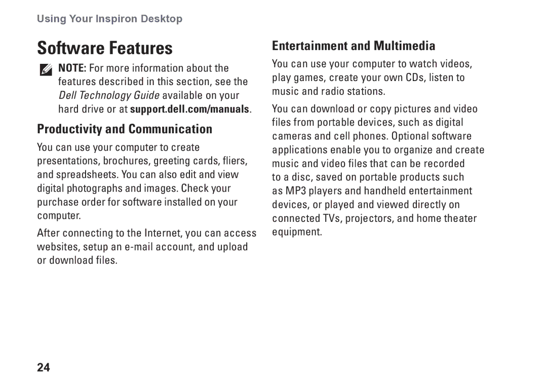 Dell 560s, DCSLE, 0C9NR5A00 setup guide Software Features, Productivity and Communication, Entertainment and Multimedia 