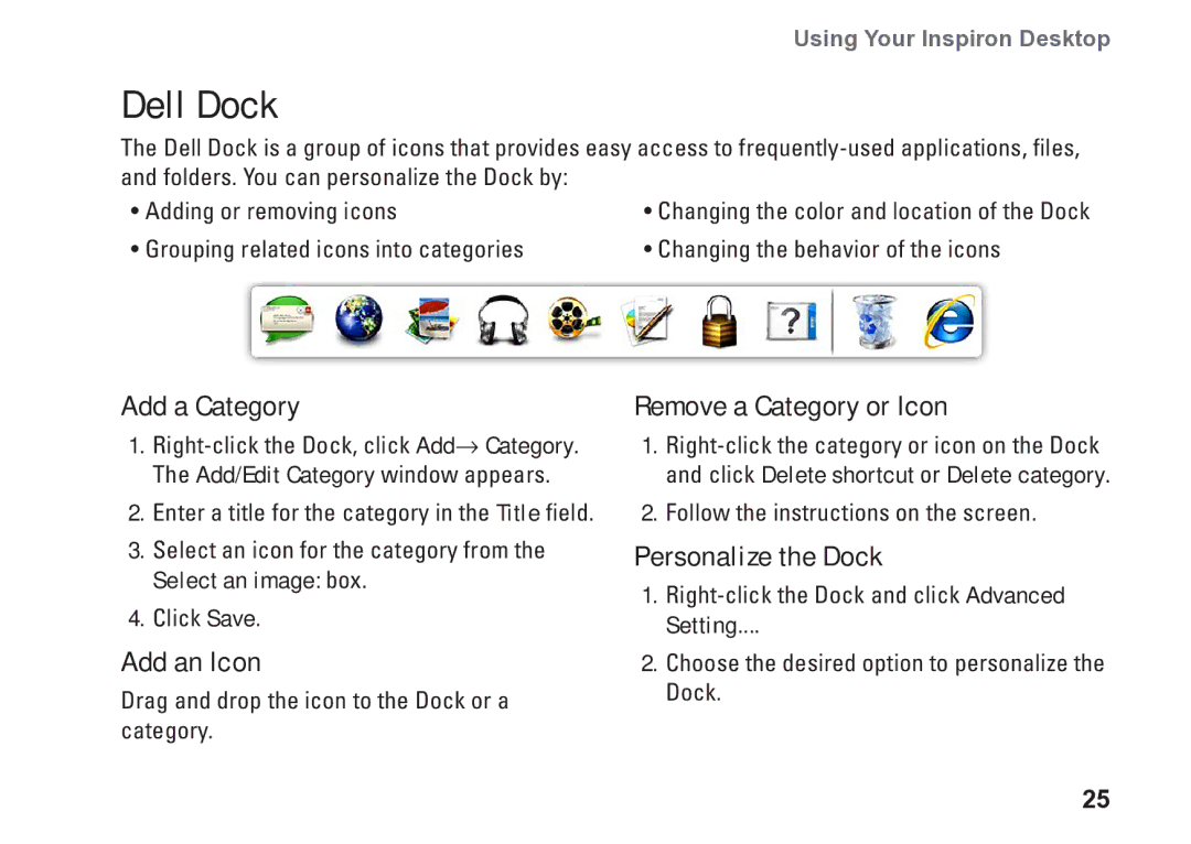 Dell DCSLE, 0C9NR5A00, 560s Dell Dock, Add a Category, Add an Icon, Remove a Category or Icon, Personalize the Dock 