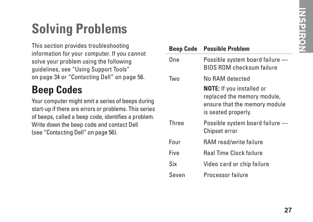 Dell 0C9NR5A00, DCSLE, 560s setup guide Solving Problems, Beep Codes, Beep Code Possible Problem 