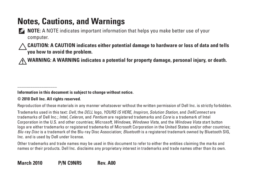 Dell DCSLE, 0C9NR5A00, 560s setup guide March 2010 P/N C9NR5 Rev. A00 