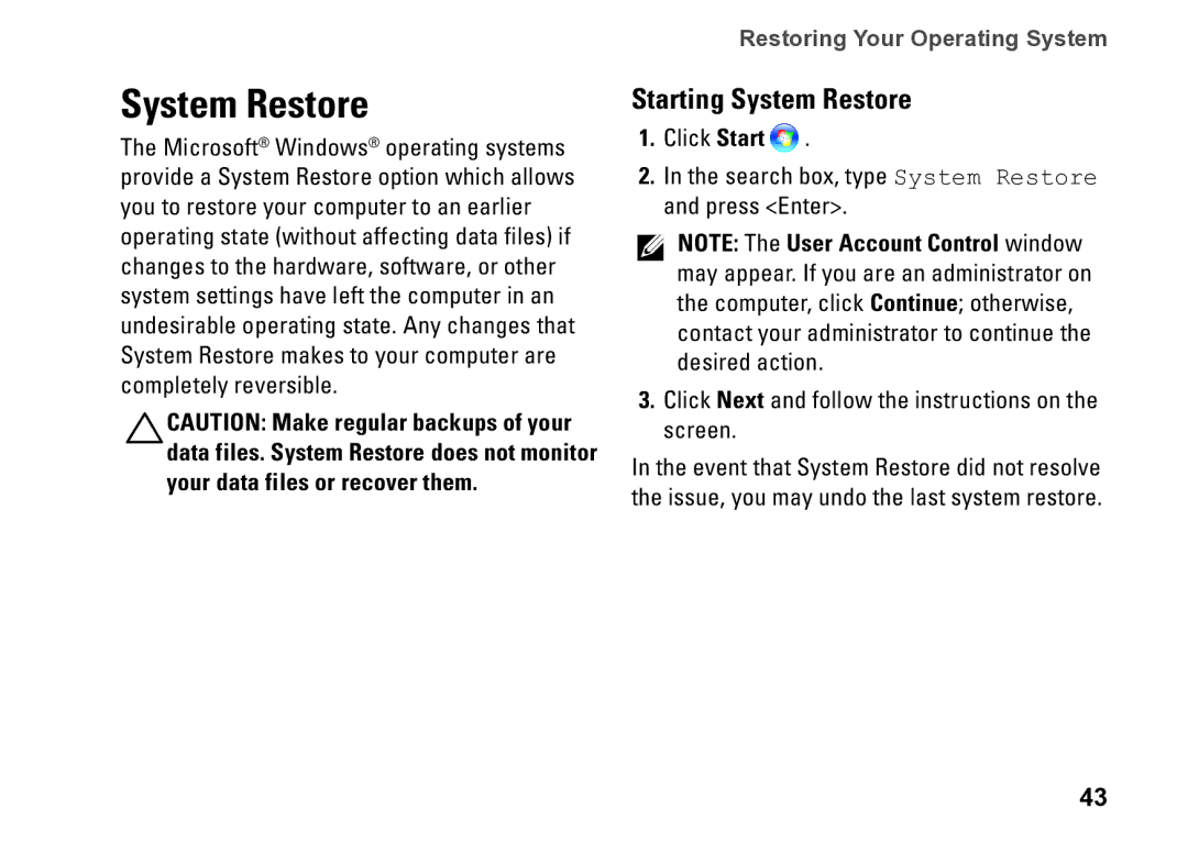 Dell 0C9NR5A00, DCSLE, 560s setup guide Starting System Restore 