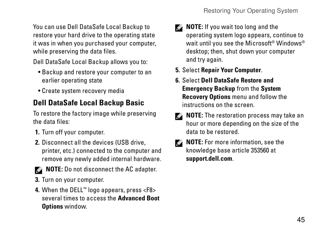 Dell DCSLE, 0C9NR5A00, 560s setup guide Dell DataSafe Local Backup Basic, Select Repair Your Computer 