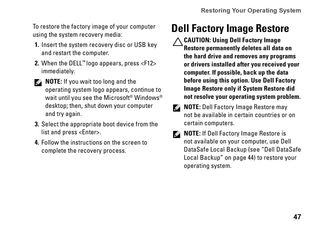 Dell 0C9NR5A00, DCSLE, 560s setup guide Dell Factory Image Restore 