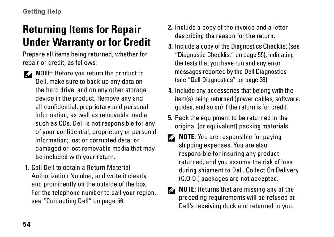 Dell DCSLE, 0C9NR5A00, 560s setup guide Returning Items for Repair Under Warranty or for Credit 