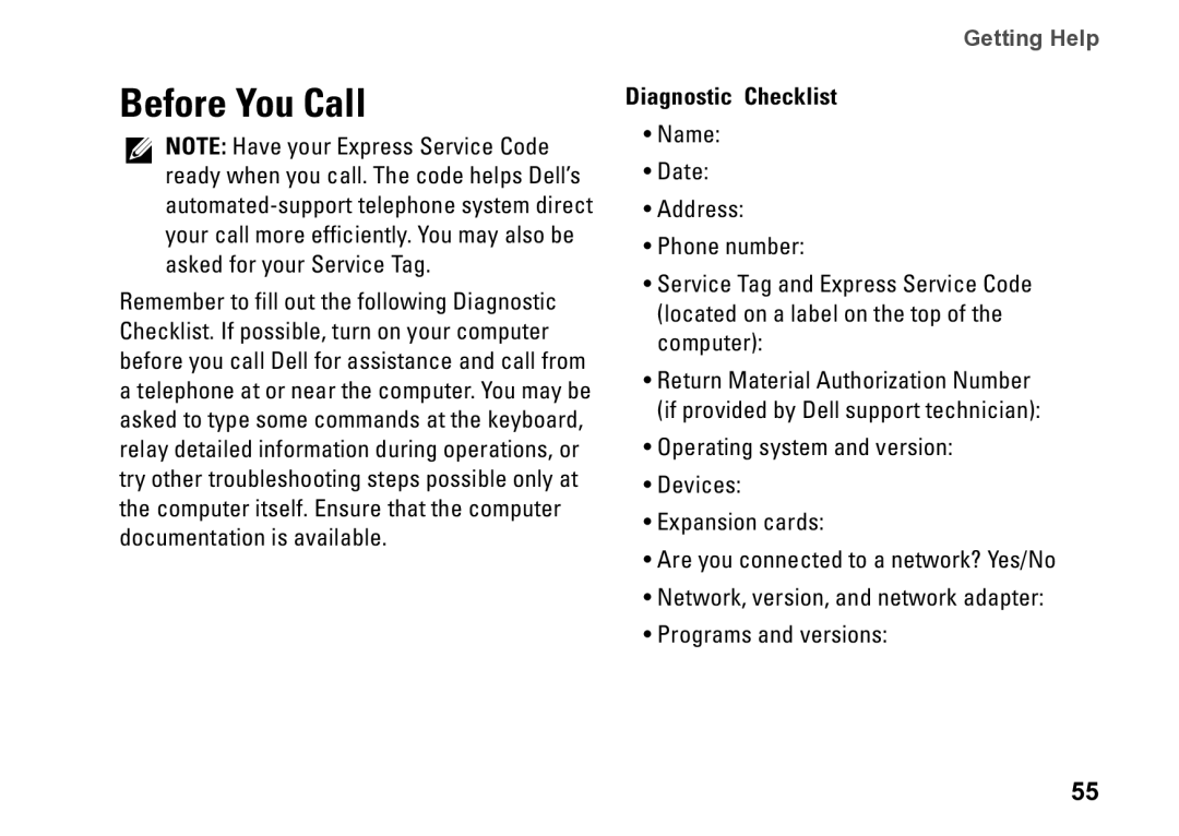 Dell 0C9NR5A00, DCSLE, 560s setup guide Before You Call, Diagnostic Checklist 