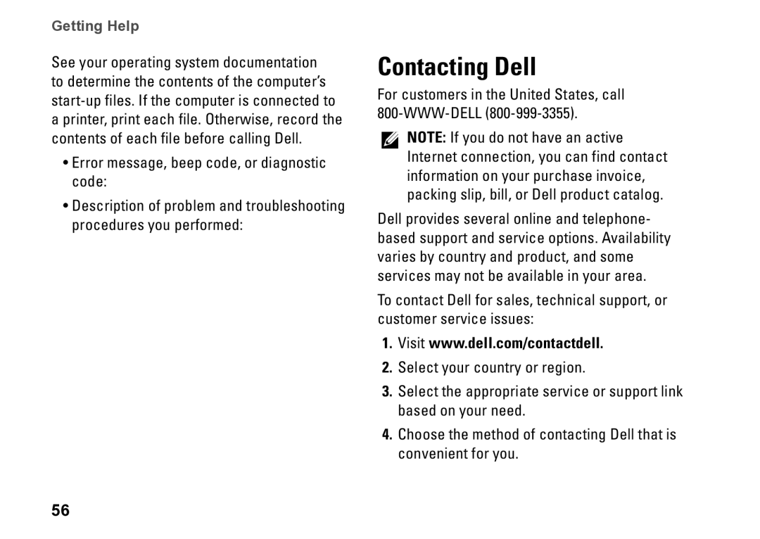 Dell 560s, DCSLE, 0C9NR5A00 setup guide Contacting Dell, For customers in the United States, call 800-WWW-DELL 