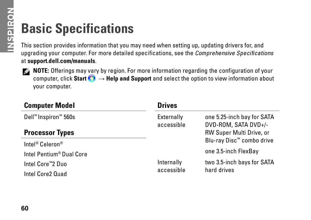 Dell 560s, DCSLE, 0C9NR5A00 setup guide Basic Specifications, Computer Model Drives, Processor Types 