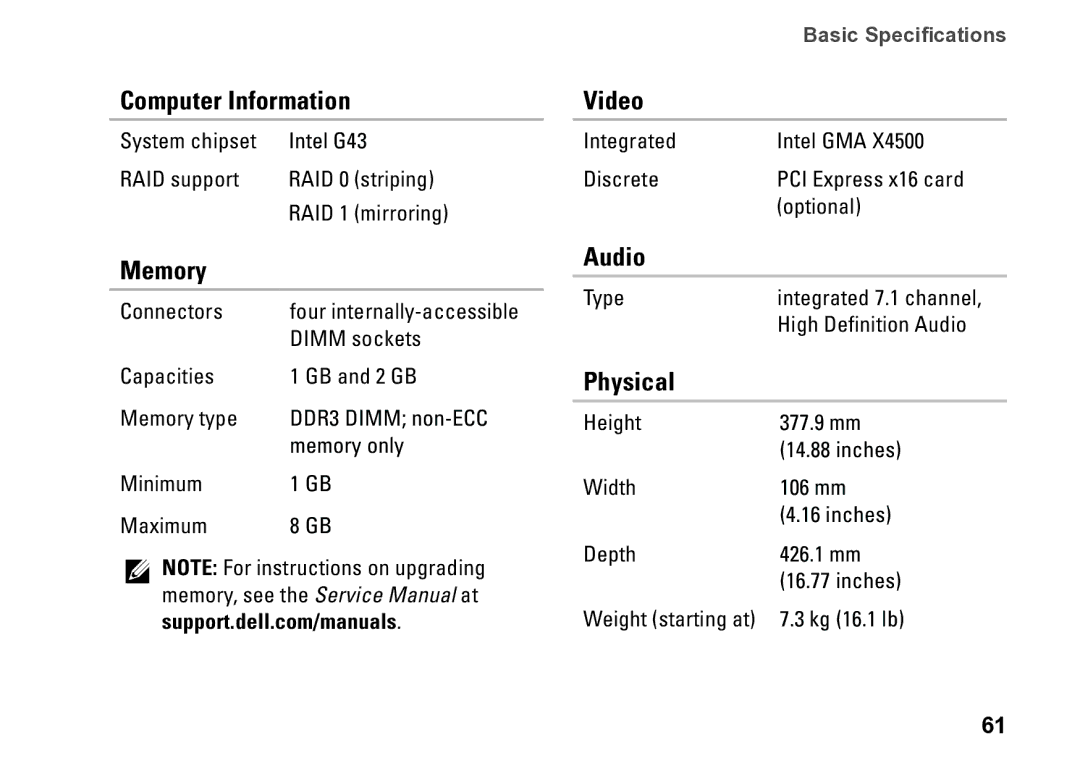 Dell DCSLE, 0C9NR5A00, 560s setup guide Computer Information, Memory, Video, Audio, Physical 