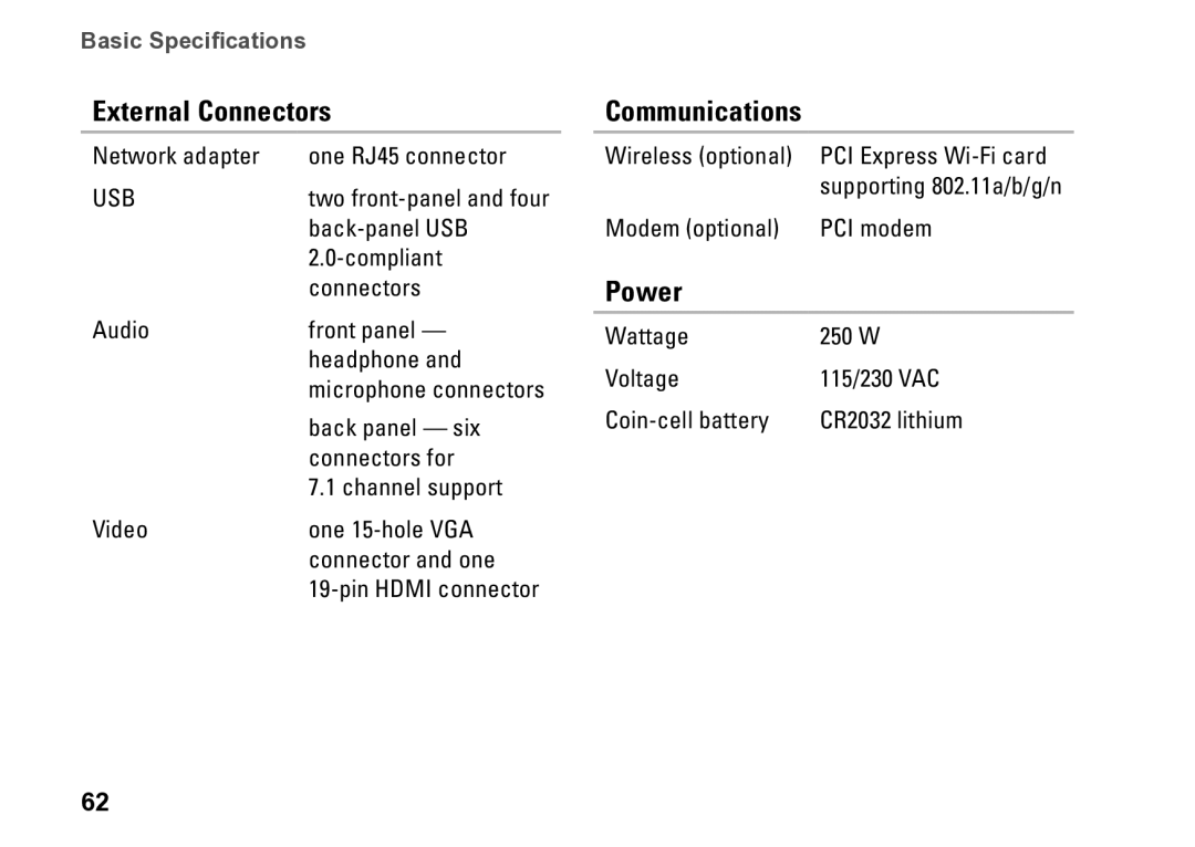 Dell DCSLE, 0C9NR5A00, 560s setup guide External Connectors, Communications, Power 