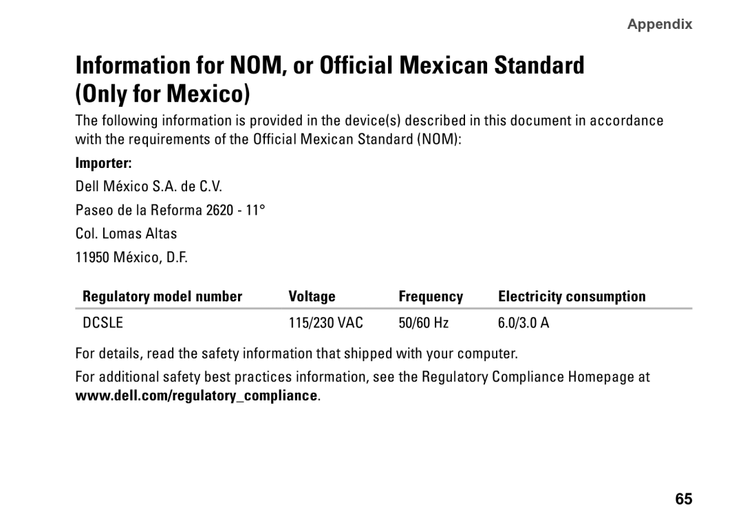 Dell DCSLE, 0C9NR5A00, 560s setup guide Importer, 115/230 VAC 50/60 Hz 3.0 a 