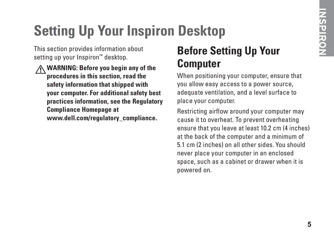 Dell DCSLE, 0C9NR5A00, 560s setup guide Setting Up Your Inspiron Desktop, Before Setting Up Your Computer 