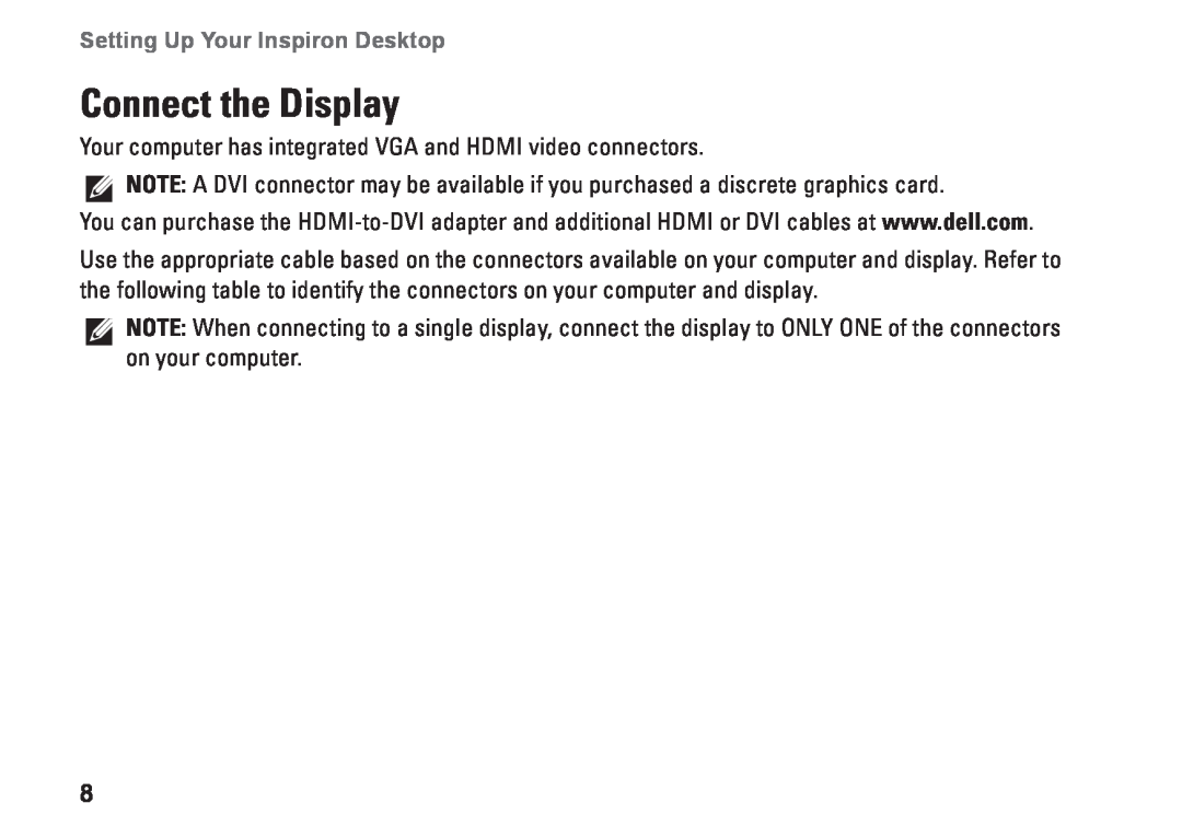 Dell 560s, DCSLE, 0C9NR5A00 setup guide Connect the Display, Setting Up Your Inspiron Desktop 