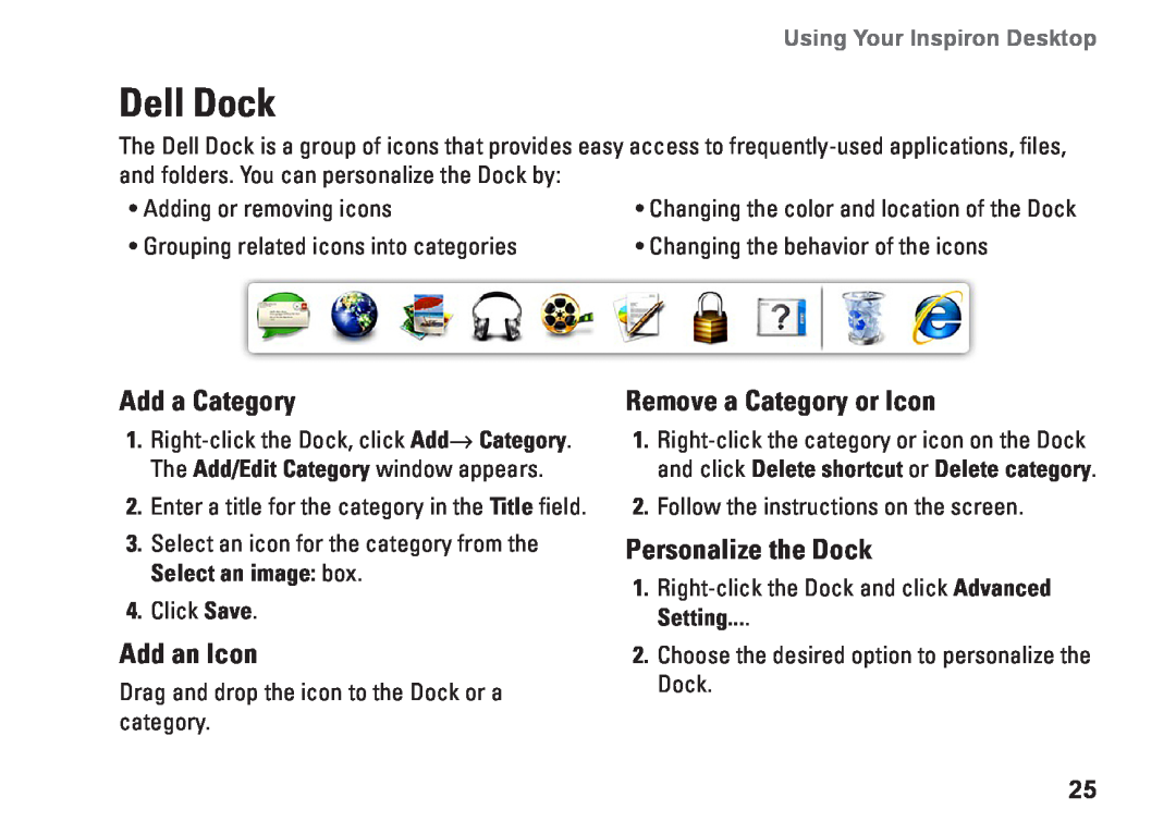 Dell DCSLE, 0C9NR5A00, 560s Dell Dock, Add a Category, Add an Icon, Remove a Category or Icon, Personalize the Dock 
