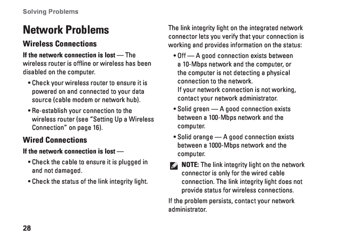 Dell 560s Network Problems, Wireless Connections, Wired Connections, Solving Problems, If the network connection is lost 