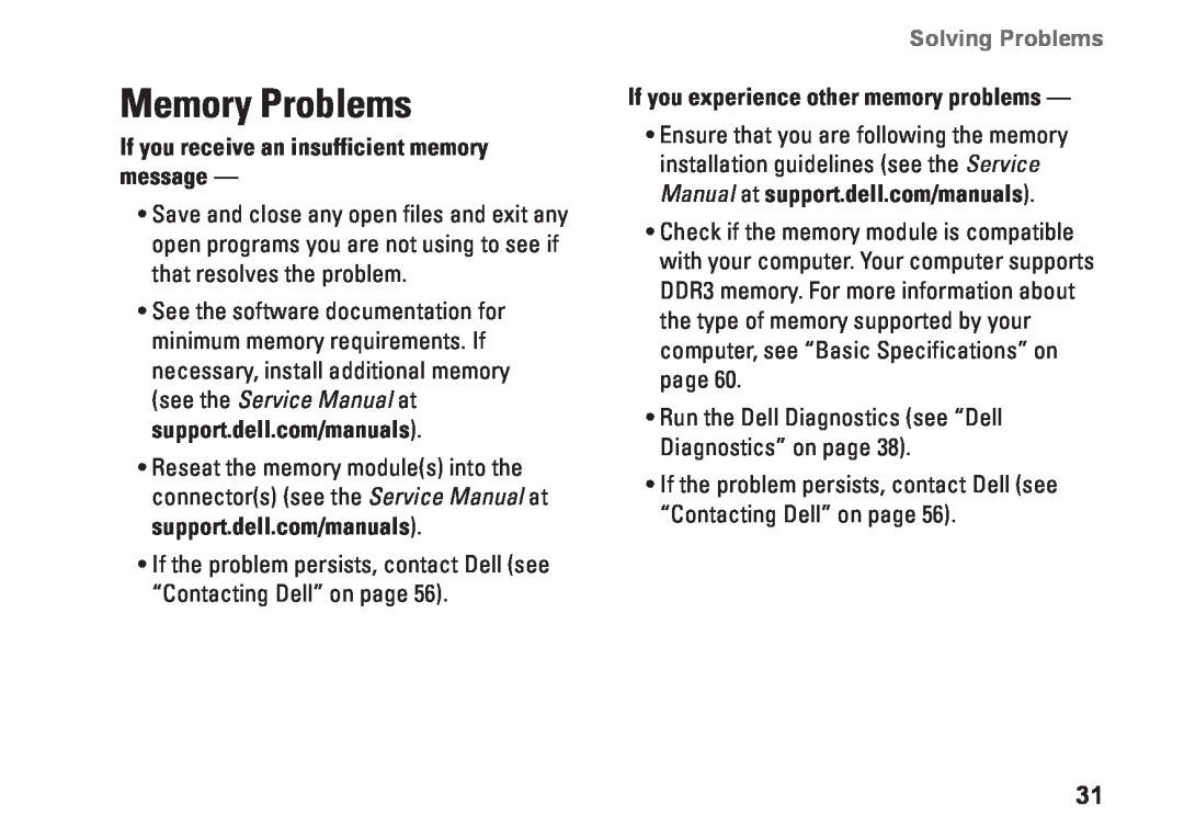 Dell 0C9NR5A00 Memory Problems, If you receive an insufficient memory message, If you experience other memory problems 