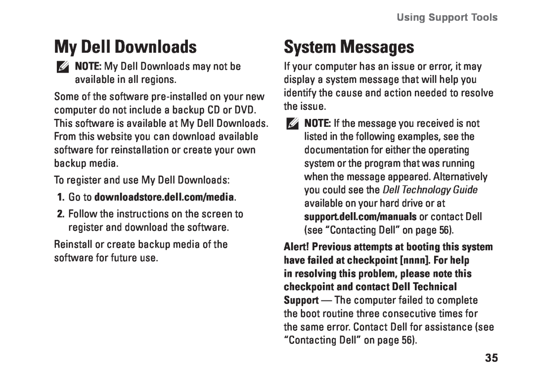 Dell 0C9NR5A00, DCSLE, 560s setup guide My Dell Downloads, System Messages, Using Support Tools 