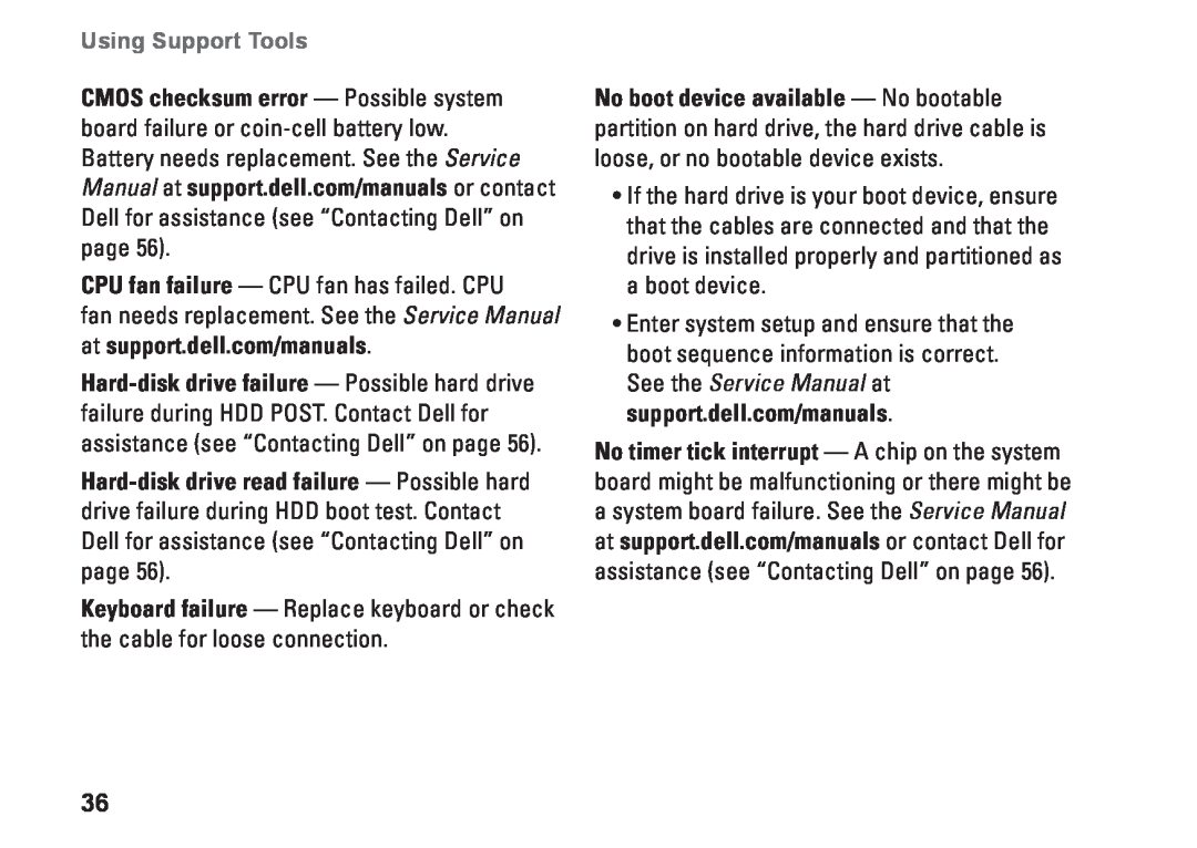 Dell 560s, DCSLE, 0C9NR5A00 setup guide Using Support Tools, CPU fan failure - CPU fan has failed. CPU 