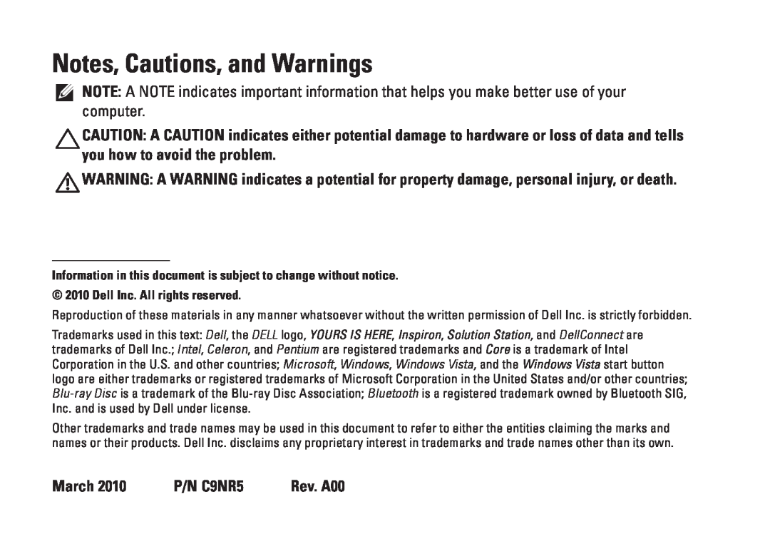 Dell DCSLE, 0C9NR5A00, 560s setup guide Notes, Cautions, and Warnings, March 2010 P/N C9NR5 Rev. A00 