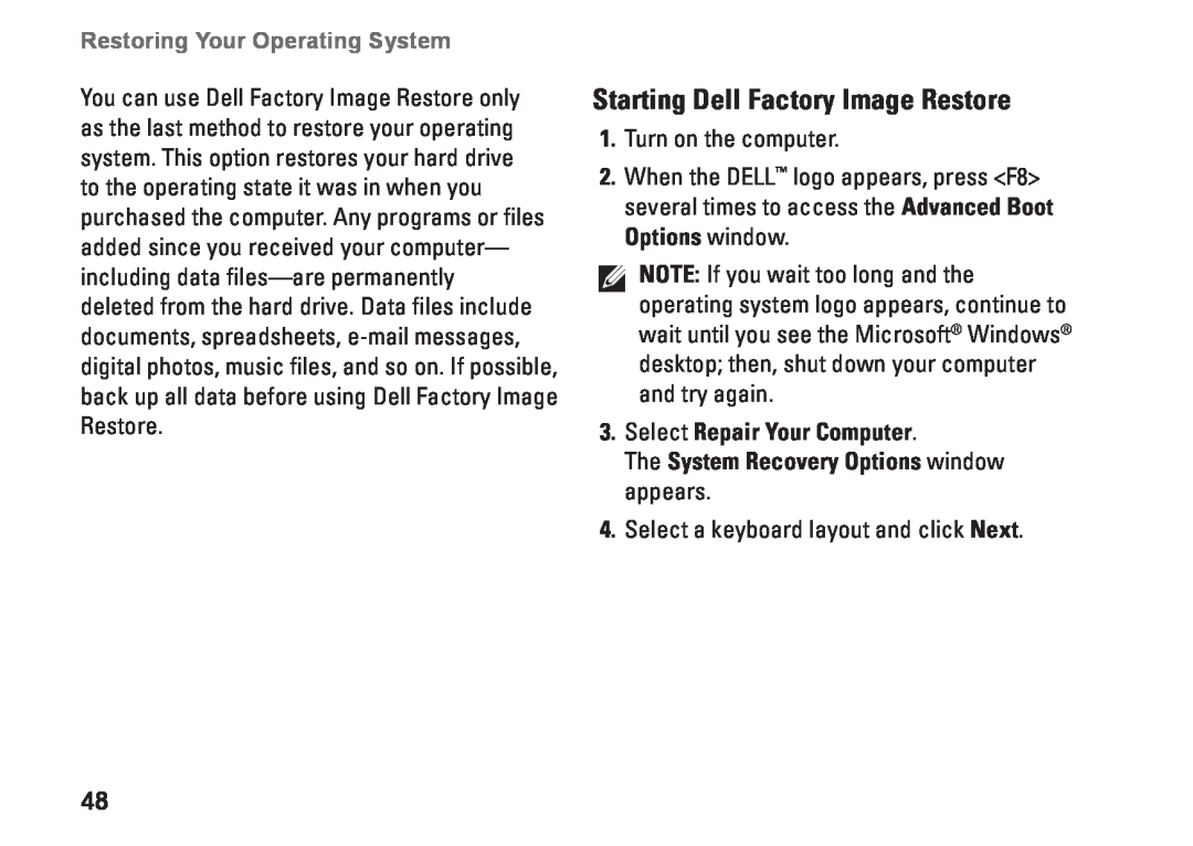 Dell 560s Starting Dell Factory Image Restore, Select Repair Your Computer, The System Recovery Options window appears 