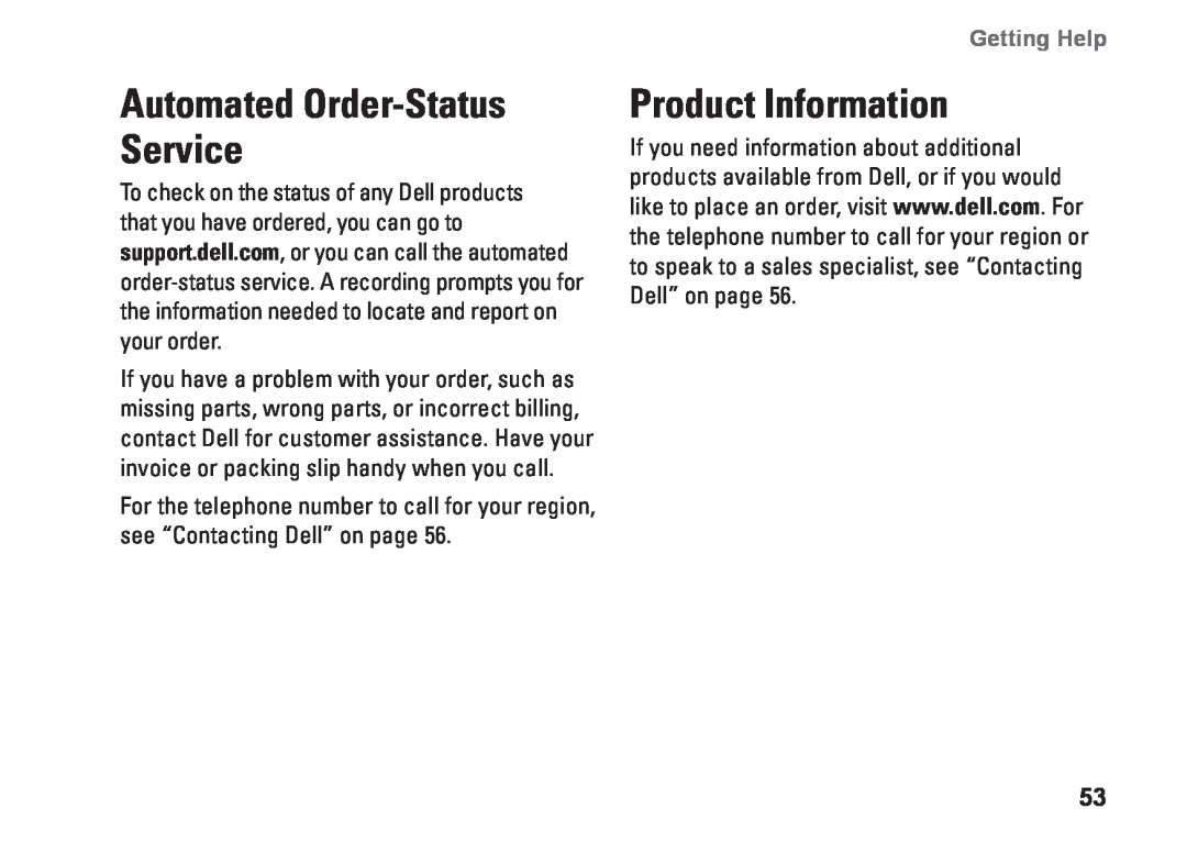 Dell DCSLE, 0C9NR5A00, 560s setup guide Product Information, Automated Order-Status Service, Getting Help 