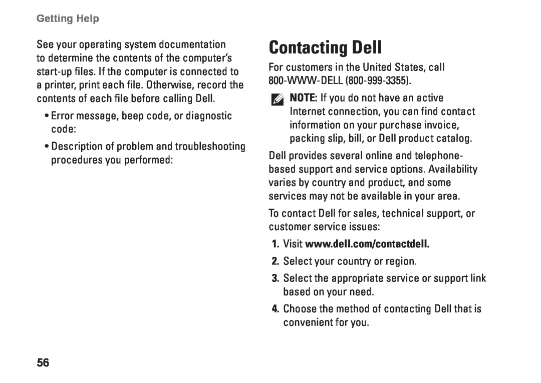 Dell 560s, DCSLE, 0C9NR5A00 setup guide Contacting Dell, Getting Help 