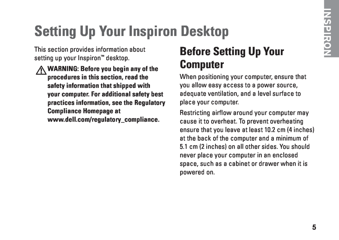 Dell DCSLE, 0C9NR5A00, 560s setup guide Setting Up Your Inspiron Desktop, Before Setting Up Your Computer 