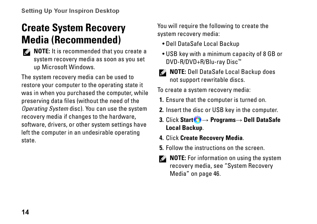 Dell DCSLF, 08XCH8A00, 580s setup guide Create System Recovery Media Recommended 