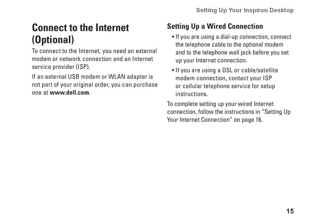 Dell 08XCH8A00, DCSLF, 580s setup guide Connect to the Internet Optional, Setting Up a Wired Connection 