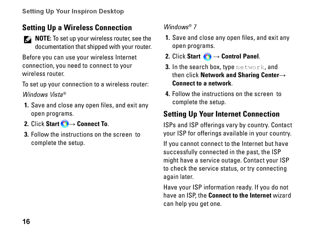 Dell 8XCH8, DCSLF, 580s Setting Up a Wireless Connection, Setting Up Your Internet Connection, Click Start → Connect To 