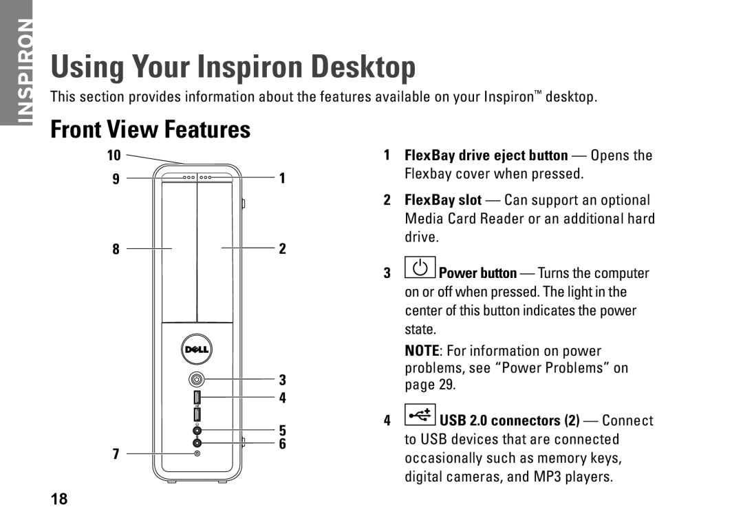 Dell DCSLF, 08XCH8A00, 580s setup guide Using Your Inspiron Desktop, Front View Features 