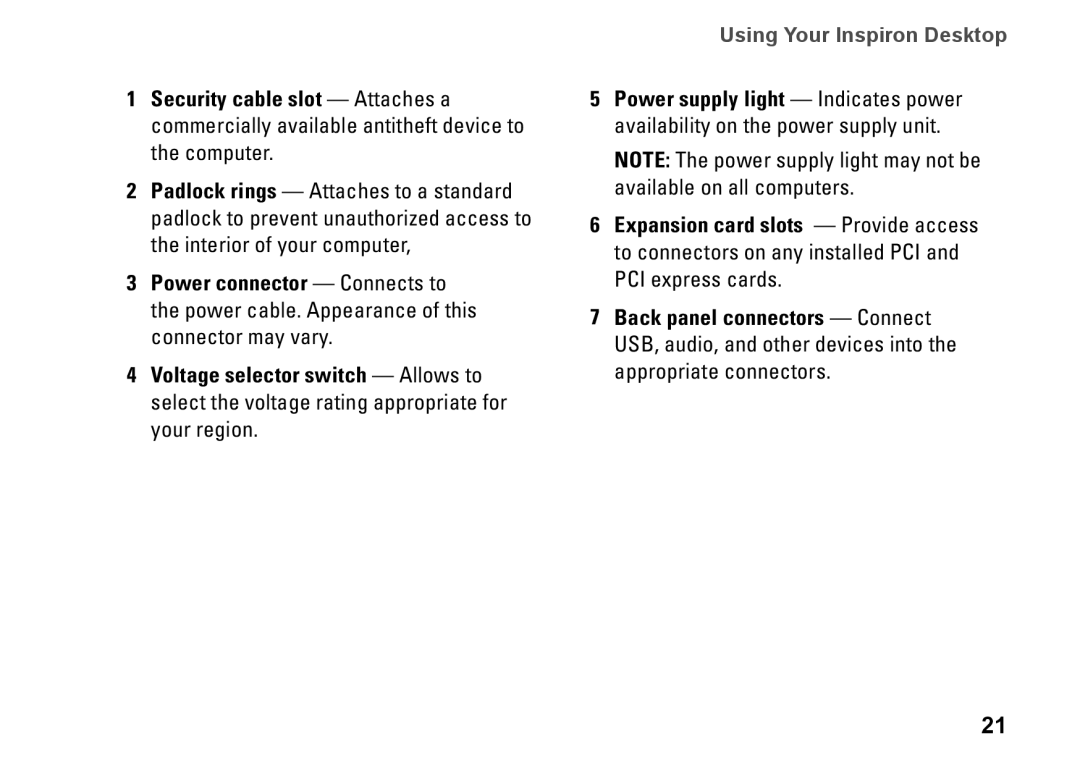 Dell 580s, DCSLF, 08XCH8A00 setup guide Using Your Inspiron Desktop 