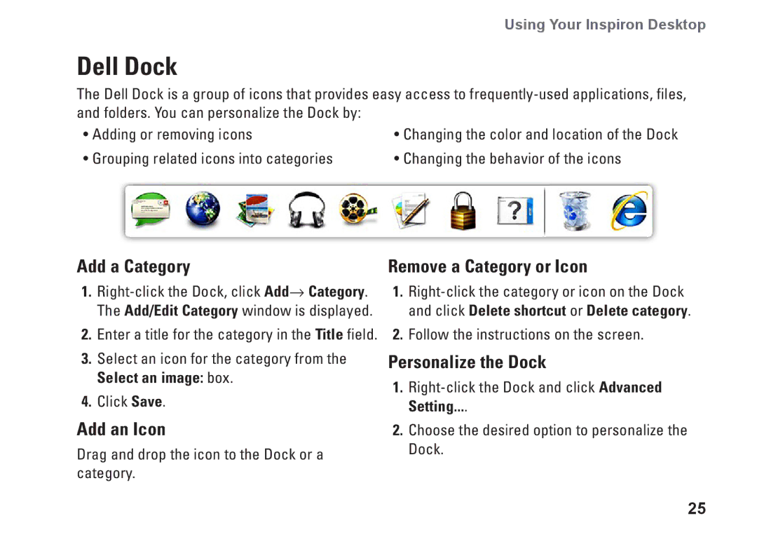 Dell 580s, DCSLF, 08XCH8A00 Dell Dock, Add a Category, Add an Icon, Remove a Category or Icon, Personalize the Dock 