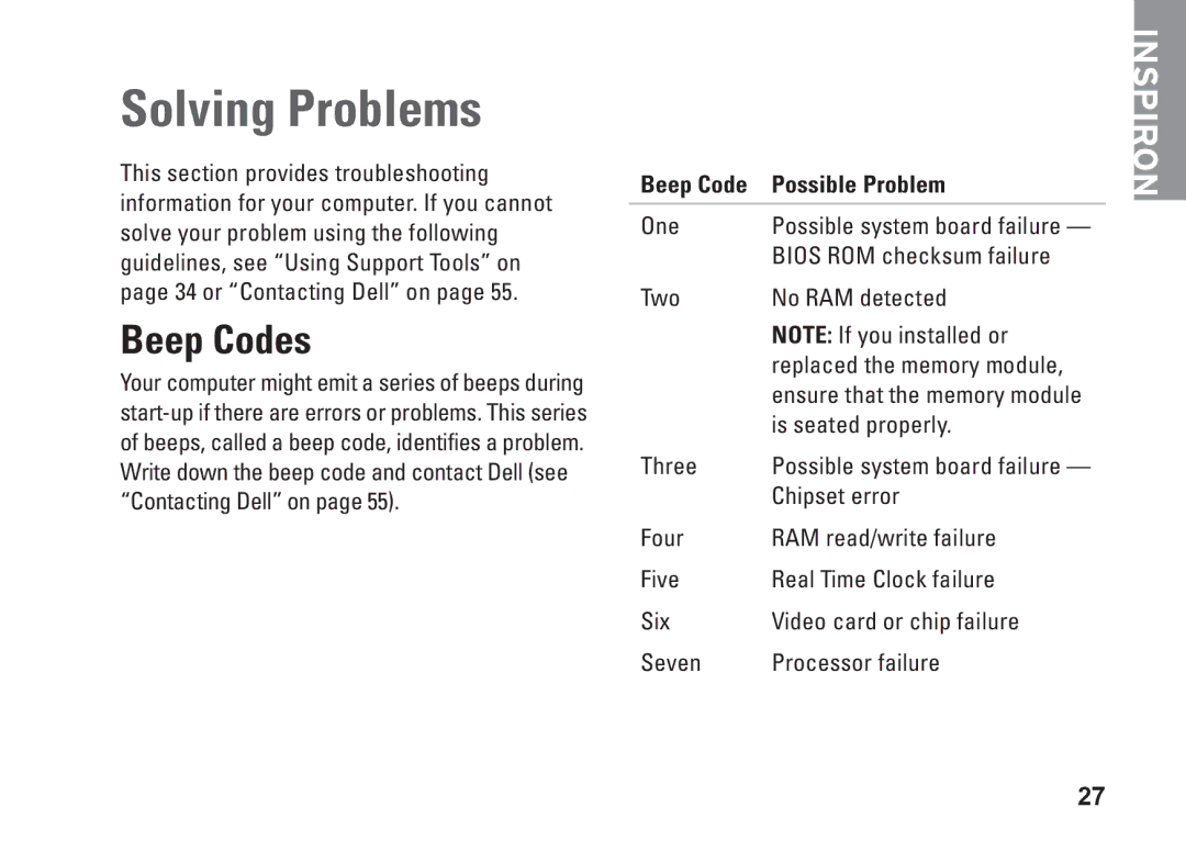 Dell 08XCH8A00, DCSLF, 580s setup guide Solving Problems, Beep Codes, Beep Code Possible Problem 