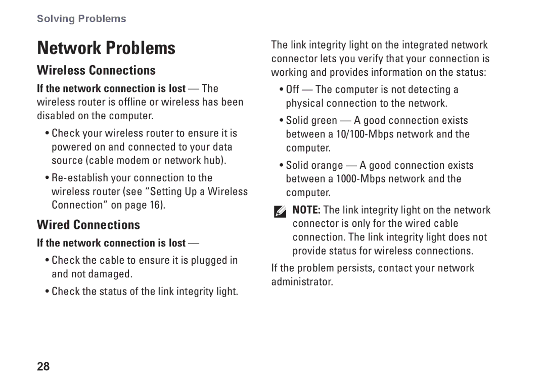 Dell DCSLF, 08XCH8A00, 580s Network Problems, Wireless Connections, Wired Connections, If the network connection is lost 