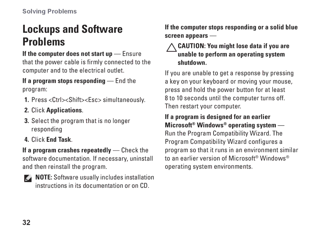 Dell DCSLF, 08XCH8A00, 580s setup guide If a program stops responding End the program, Click Applications, Click End Task 