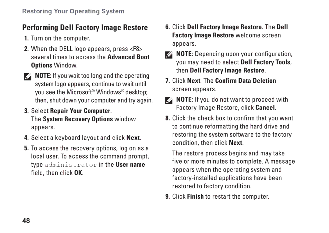 Dell DCSLF, 08XCH8A00, 580s setup guide Performing Dell Factory Image Restore 