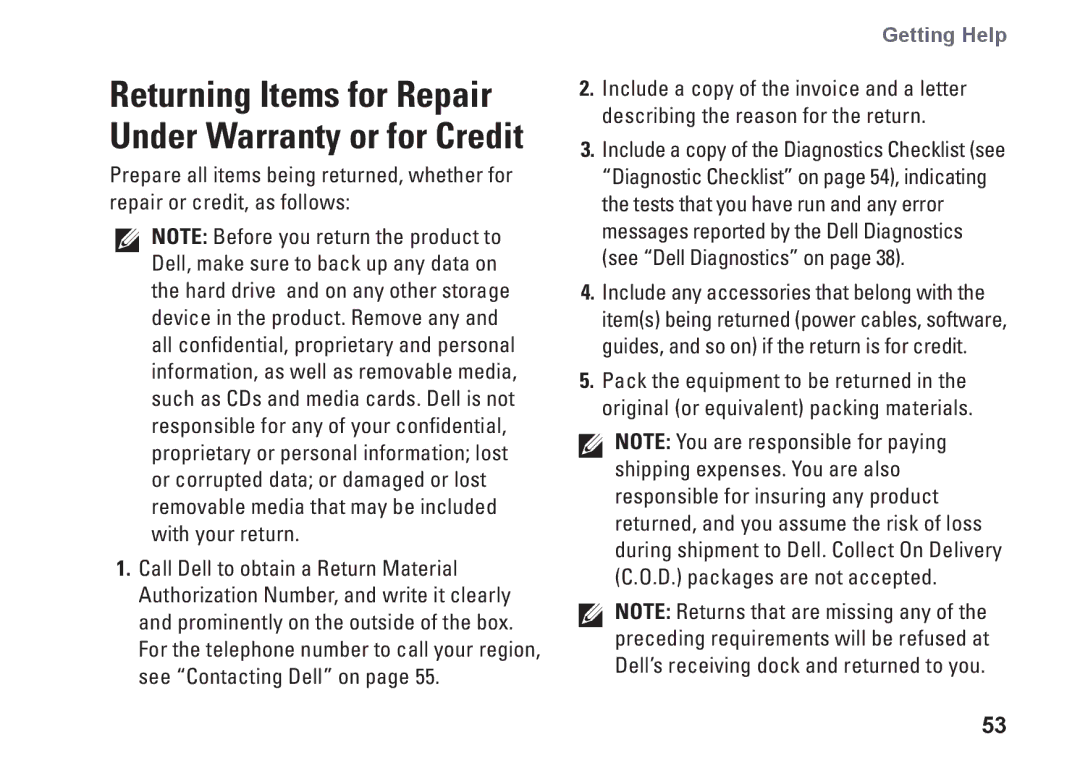 Dell 580s, DCSLF, 08XCH8A00 setup guide Returning Items for Repair Under Warranty or for Credit 