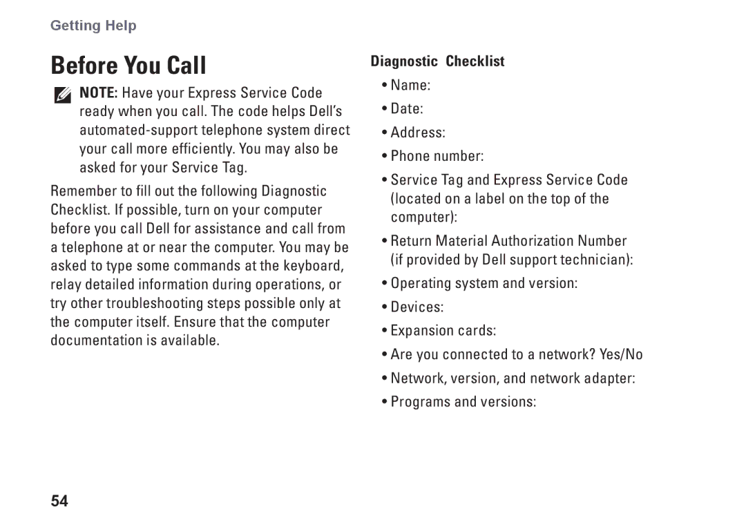 Dell DCSLF, 08XCH8A00, 580s setup guide Before You Call, Diagnostic Checklist 