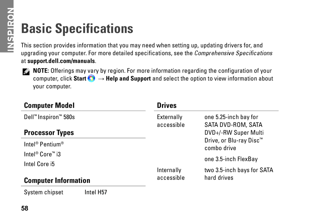 Dell DCSLF, 08XCH8A00, 580s setup guide Basic Specifications, Computer Model Drives, Processor Types, Computer Information 