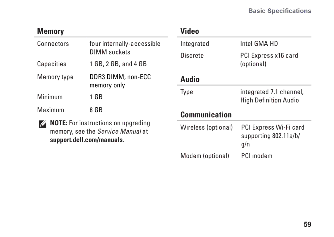 Dell 08XCH8A00, DCSLF, 580s setup guide Memory, Video, Audio, Communication 