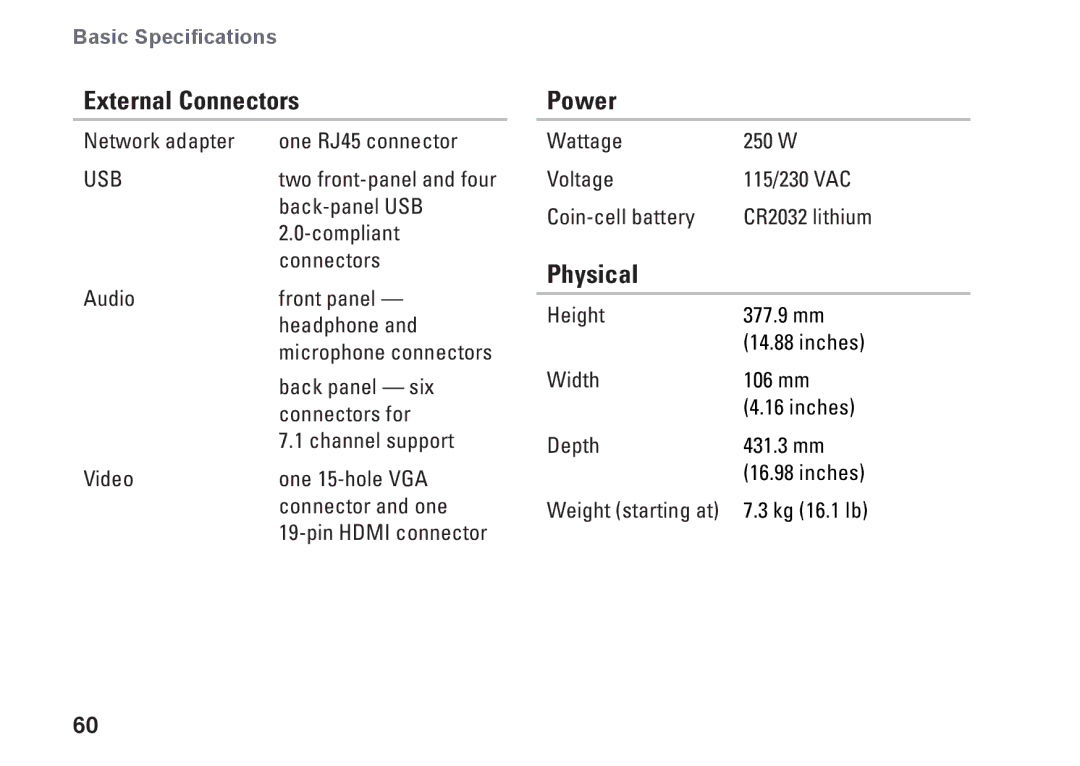 Dell DCSLF, 08XCH8A00, 580s setup guide External Connectors, Power, Physical 