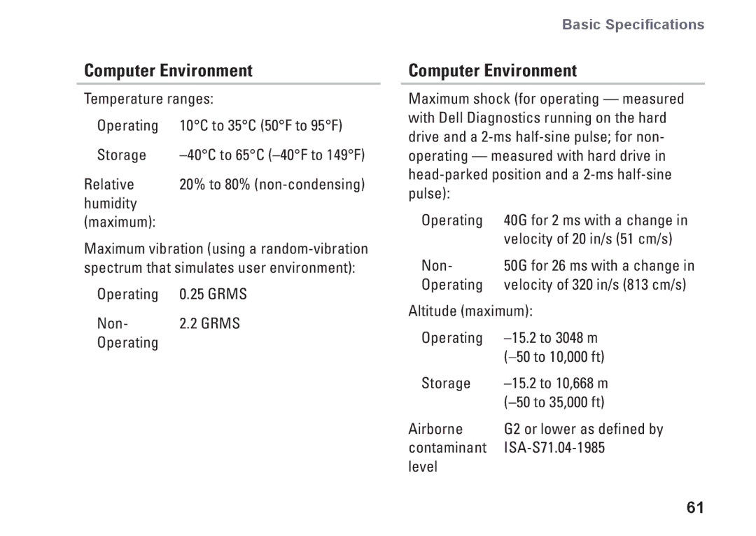 Dell 580s, DCSLF, 08XCH8A00 setup guide Computer Environment 