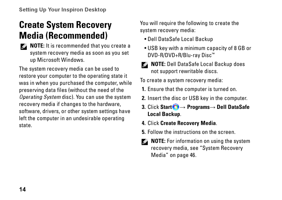 Dell DCSLF, 08XCH8A00, 580s Create System Recovery Media Recommended, Click Start → Programs→ Dell DataSafe Local Backup 