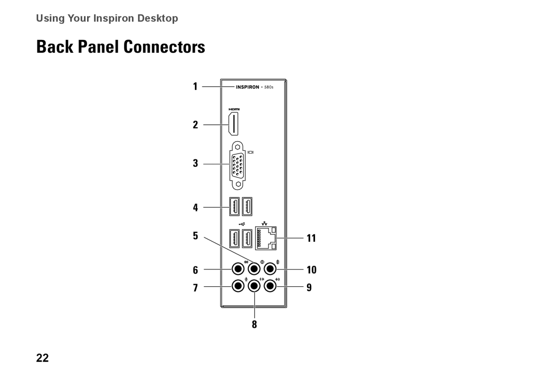 Dell DCSLF, 08XCH8A00, 580s setup guide Back Panel Connectors, Using Your Inspiron Desktop 